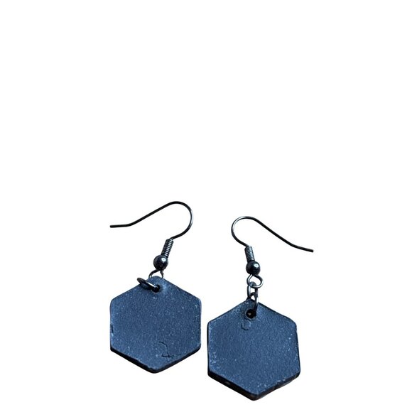 Artisan Hexagon Ceramic Dragonfly Dangle Earrings Black Blue Boho Retro 0.75 in - Picture 2 of 3